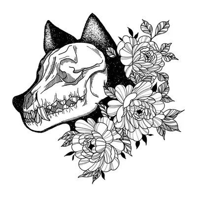 Crânio de lobo com flores