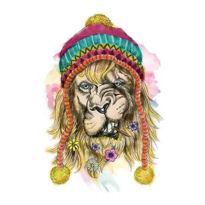 Leão com gorro colorido