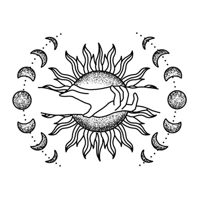 Sol e fases da lua com mão