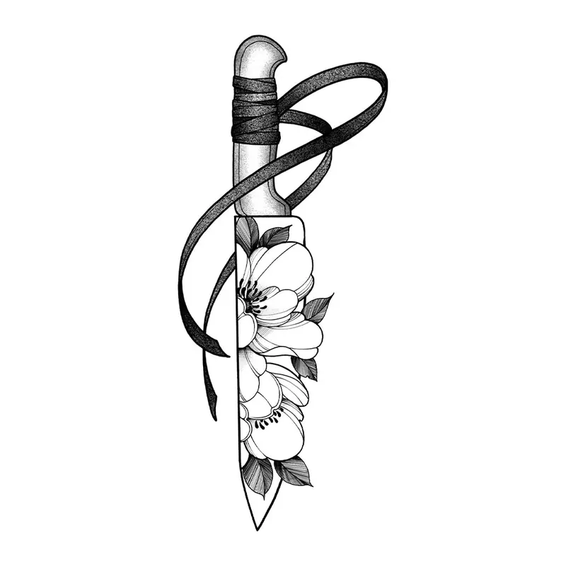 Tatuagem temporária Espadas e Armas — Adaga com fita e flores. Inclui adaga, flores, fita