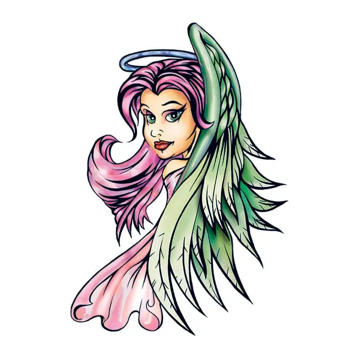 Tatuagem temporária Espiritual e Religioso — Anjo de cabelo rosa e asas verdes. Inclui anjo
