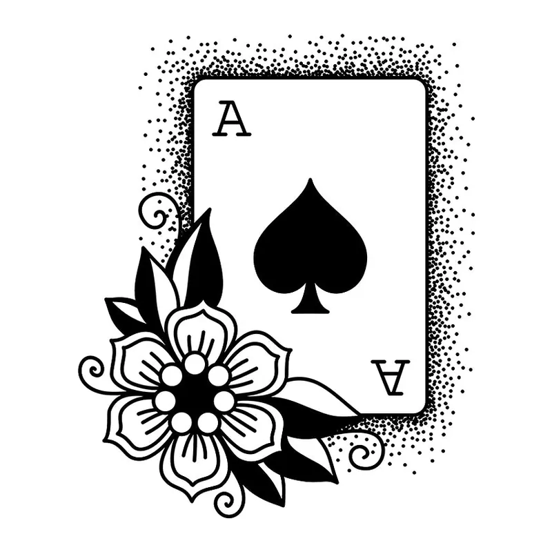 Tatuagem temporária Sorte e Jogos — Ás de espadas com flor. Inclui carta, flor, espadas