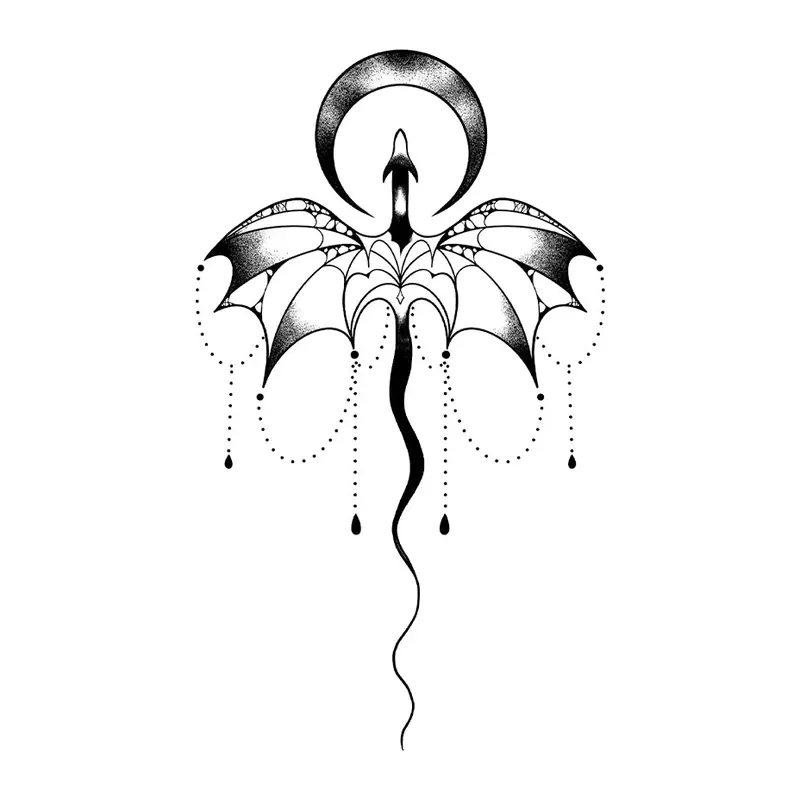 Tatuagem temporária Dragões e Fantasia — Asas de morcego ornamentais com lua. Inclui asas, lua