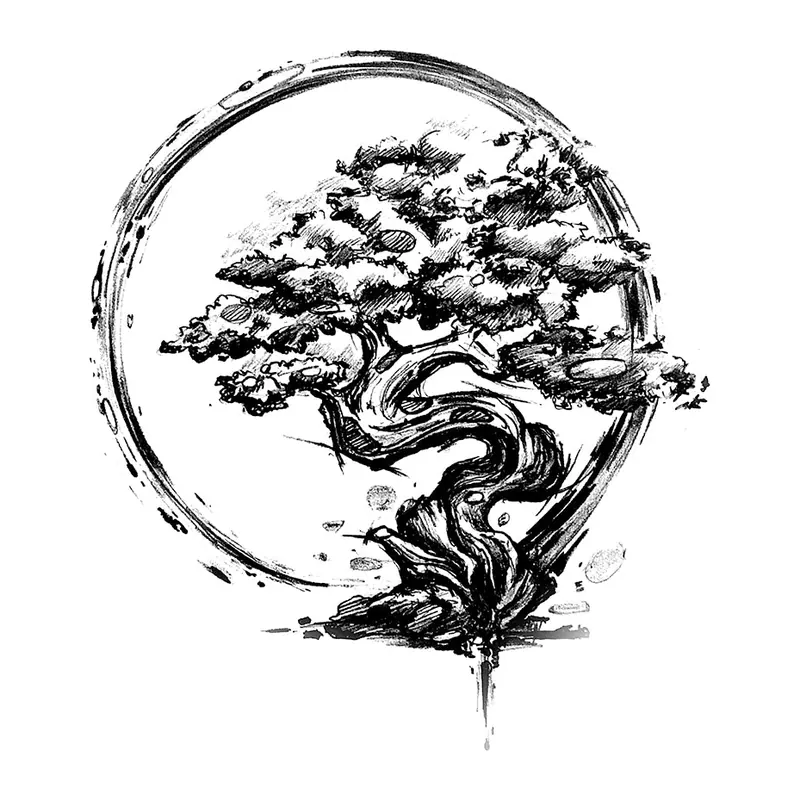 Tatuagem temporária Oriental — Bonsai em círculo zen. Inclui bonsai