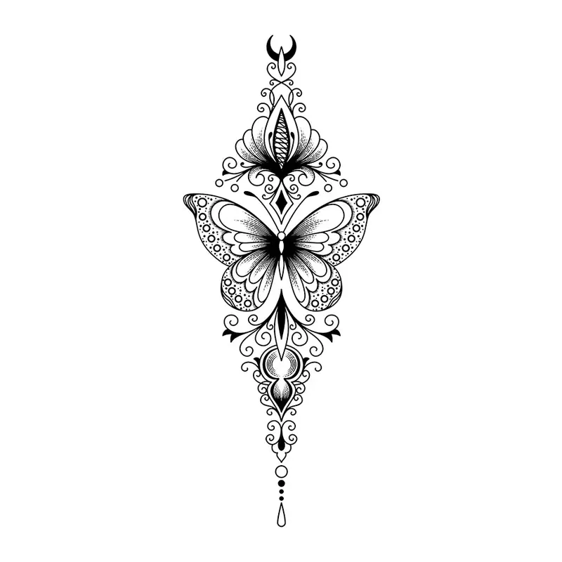 Tatuagem temporária Borboletas e Insetos — Borboleta ornamental vertical. Inclui borboleta, ornamento