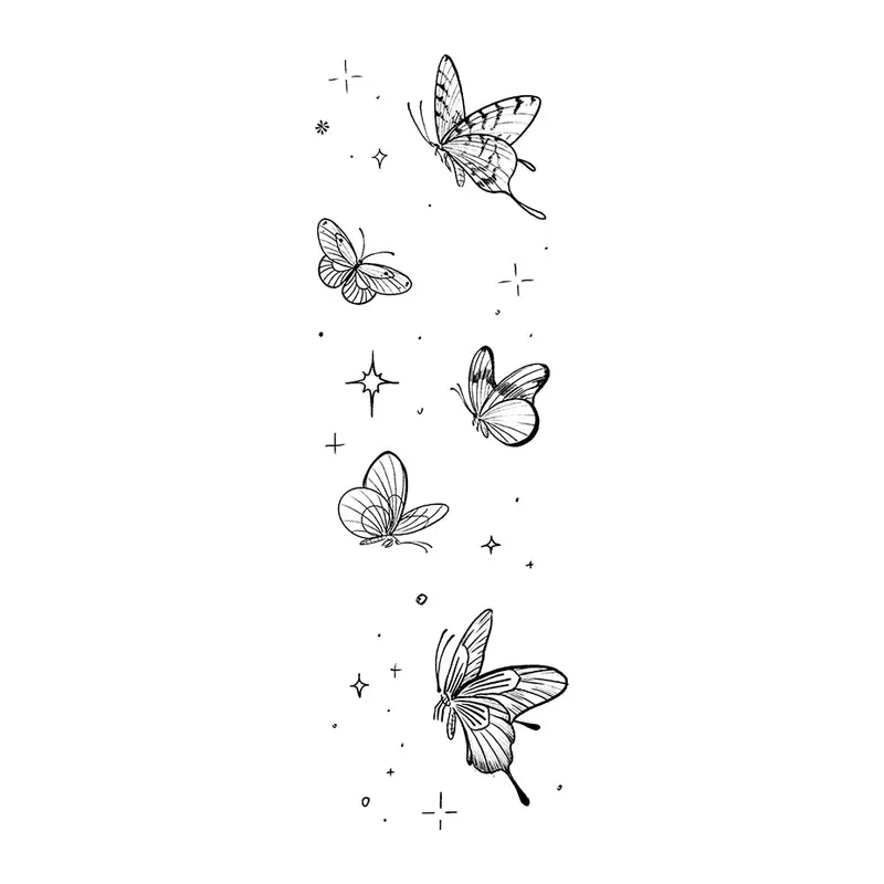Tatuagem temporária Borboletas e Insetos — Borboletas em fila vertical. Inclui borboletas, estrelas