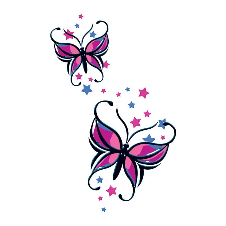 Tatuagem temporária Borboletas e Insetos — Borboletas rosa com estrelas. Inclui borboletas, estrelas