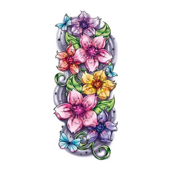Tatuagem temporária Flores — Braço de flores coloridas — Modelo 1. Inclui flores