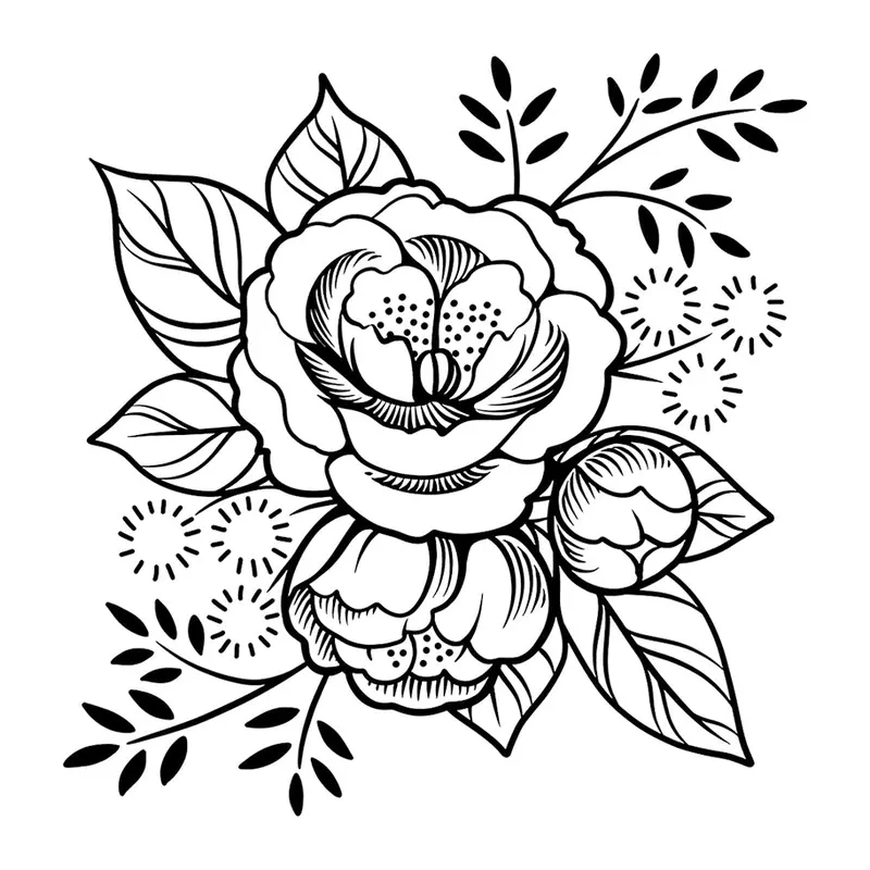 Tatuagem temporária Flores — Buquê de camélias e flores. Inclui camélias