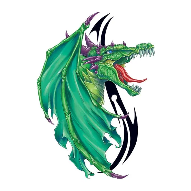 Tatuagem temporária Tribal e Nórdico — Cabeça de dragão tribal verde. Inclui dragão