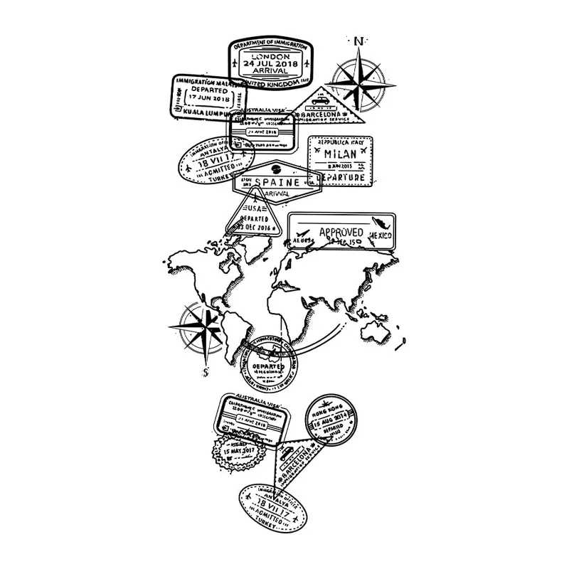 Tatuagem temporária Viagem e Aventura — Carimbos de passaporte e mapa-múndi. Inclui passaporte, mapa, bússola