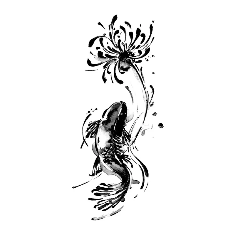 Tatuagem temporária Oriental — Carpa com flor-aranha. Inclui carpa, flor