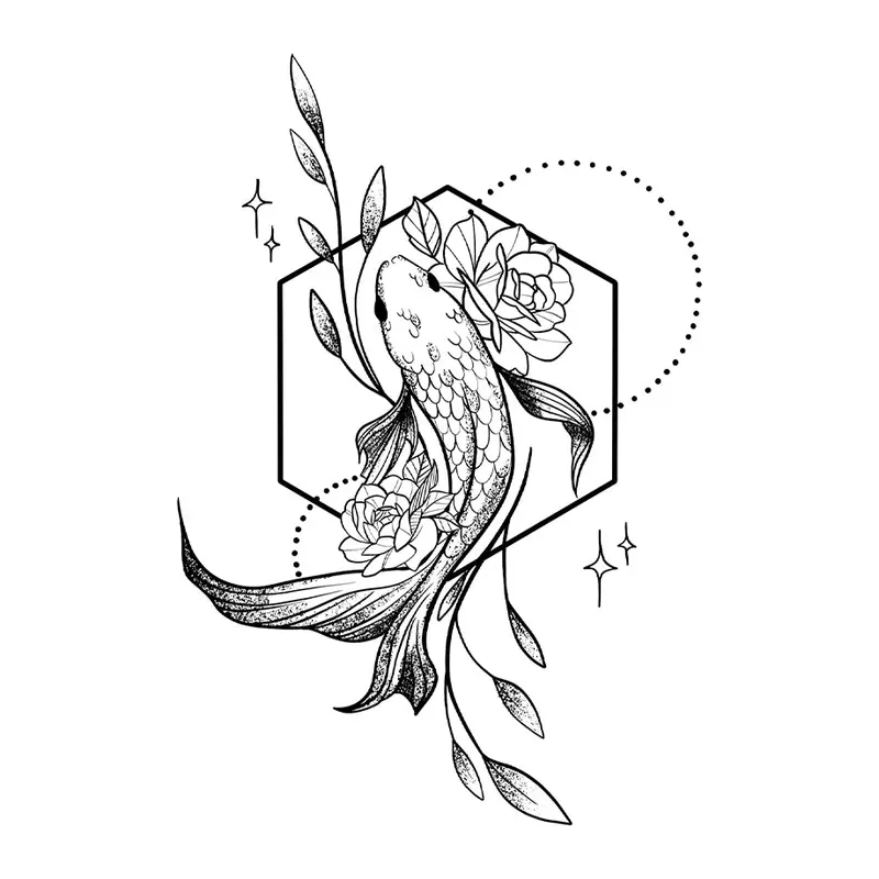 Tatuagem temporária Oriental — Carpa com flores em hexágono. Inclui carpa, flores