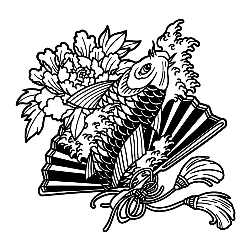 Tatuagem temporária Oriental — Carpa com leque e flores. Inclui carpa, leque, flores