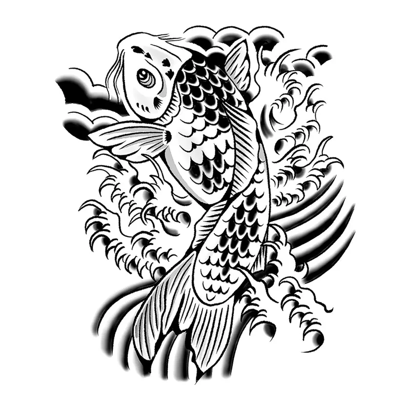 Tatuagem temporária Oriental — Carpa koi com ondas. Inclui carpa, ondas