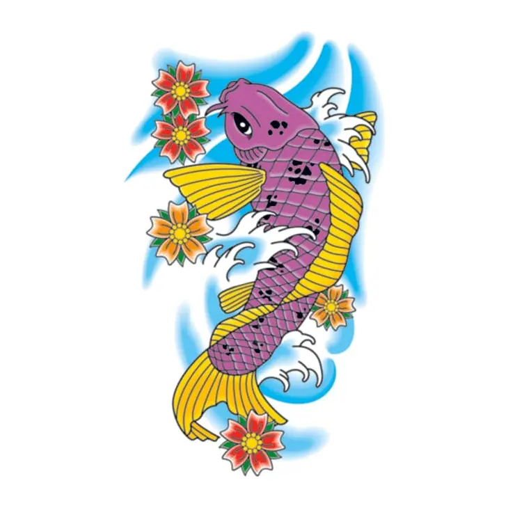 Tatuagem temporária Oriental — Carpa koi roxa. Inclui carpa, flores