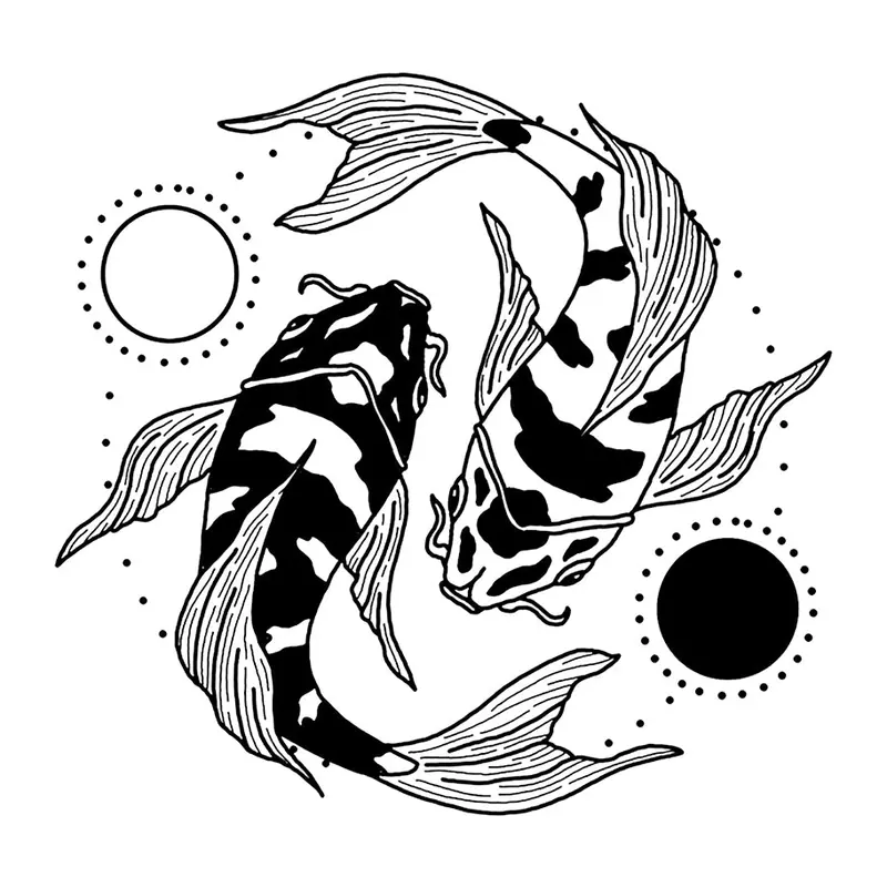 Tatuagem temporária Oriental — Carpas yin yang com sol e lua. Inclui carpas, sol, lua