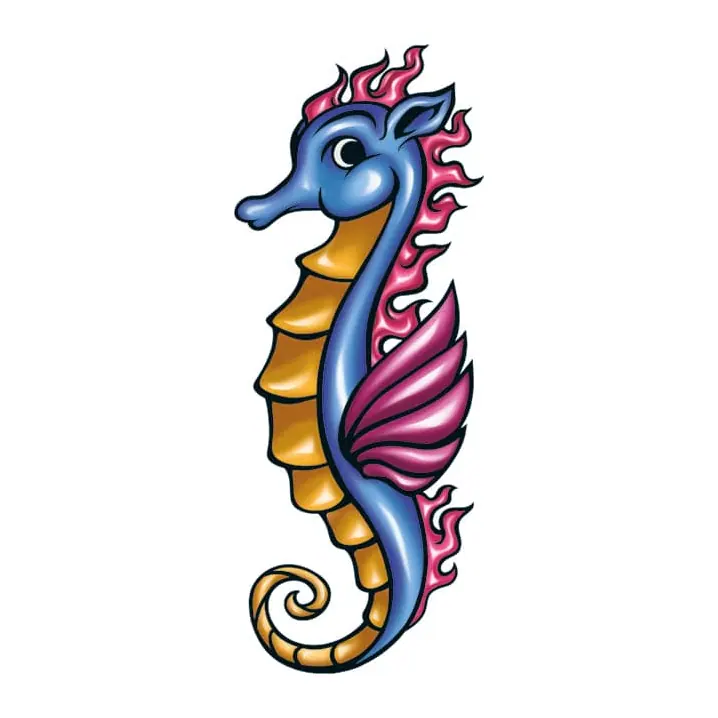 Tatuagem temporária Mar e Animais Marinhos — Cavalo-marinho colorido — Modelo 2. Inclui cavalo-marinho