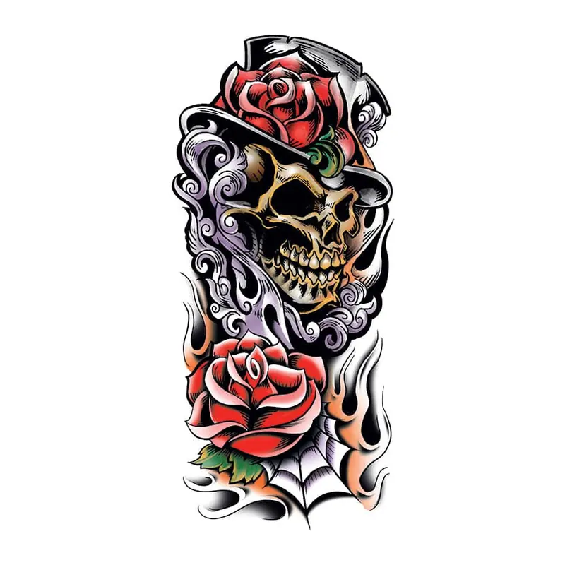 Tatuagem temporária Caveiras e Sombrio — Caveira com cartola e rosas — Modelo 2. Inclui caveira, rosas