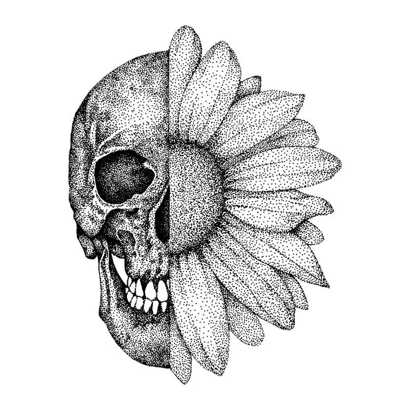 Tatuagem temporária Caveiras e Sombrio — Caveira com girassol. Inclui caveira, girassol