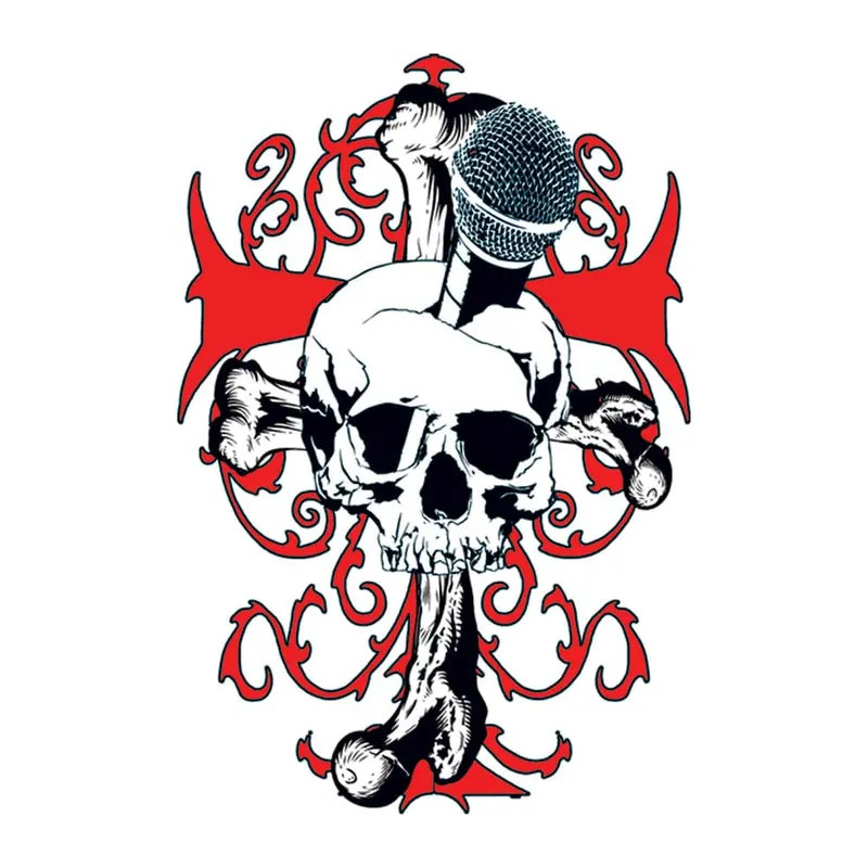 Tatuagem temporária Caveiras e Sombrio — Caveira com microfone e ornamentos. Inclui caveira, microfone