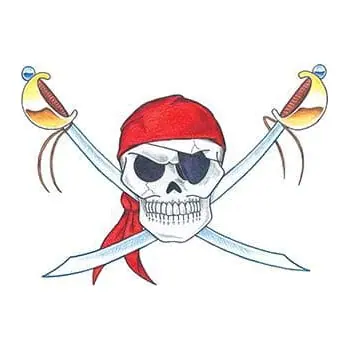 Tatuagem temporária Caveiras e Sombrio — Caveira pirata de bandana vermelha. Inclui caveira, espadas, bandana