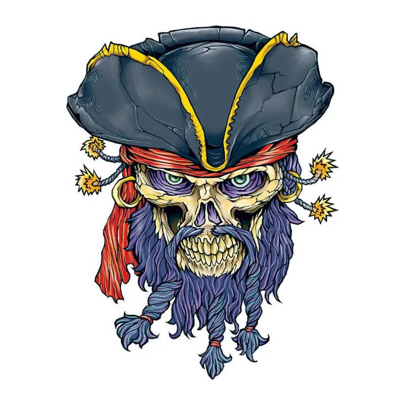 Tatuagem temporária Caveiras e Sombrio — Caveira pirata de barba azul. Inclui caveira, chapéu de pirata