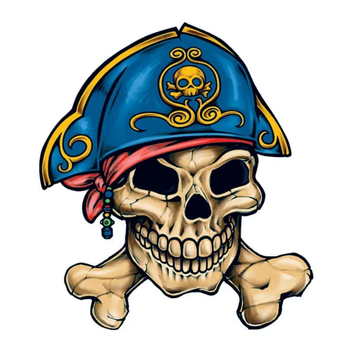 Tatuagem temporária Caveiras e Sombrio — Caveira pirata de chapéu azul. Inclui caveira, chapéu