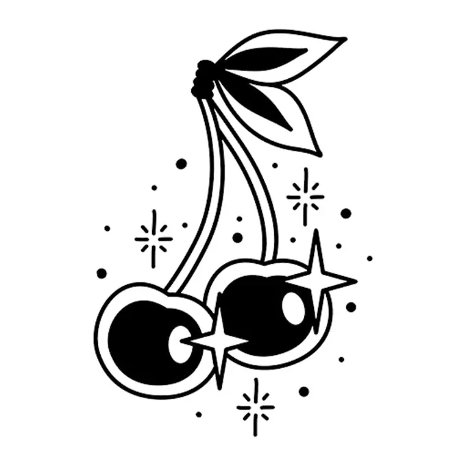 Tatuagem temporária Comida e Bebida — Cerejas com estrelas. Inclui cerejas, estrelas