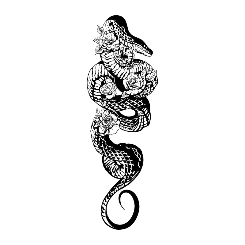 Tatuagem temporária Cobras e Répteis — Cobra com flores. Inclui cobra, flores