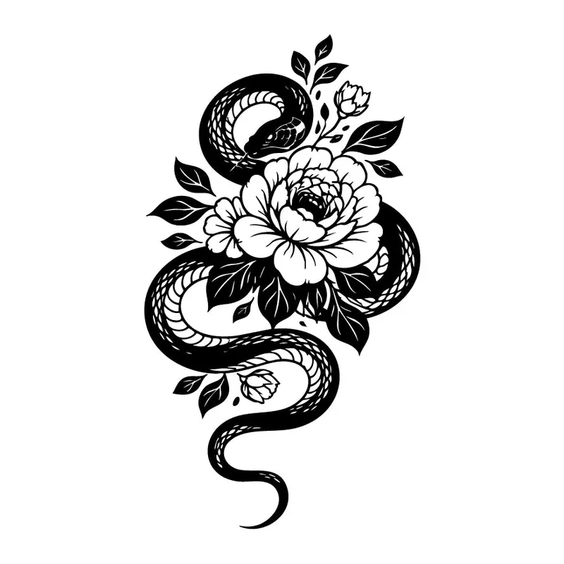Tatuagem temporária Cobras e Répteis — Cobra com peônia. Inclui cobra, peônia