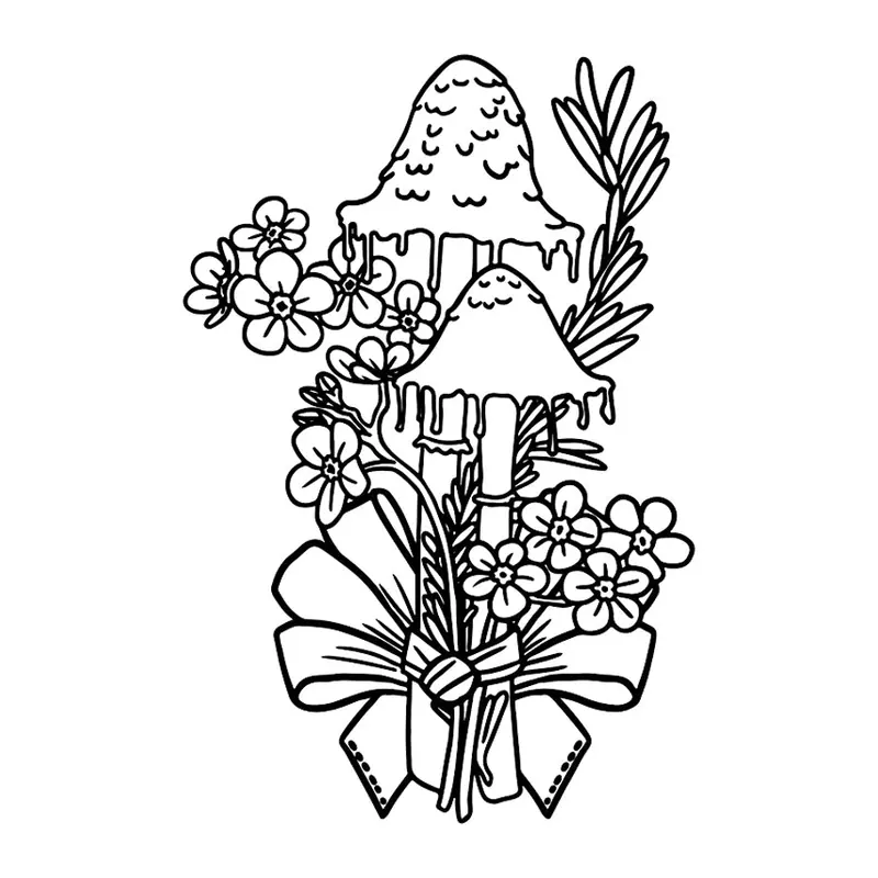 Tatuagem temporária Flores — Cogumelos com buquê e fita. Inclui cogumelos, flores