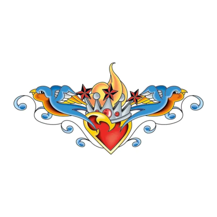 Tatuagem temporária Corações e Amor — Coração com andorinhas lombar. Inclui coração, andorinhas