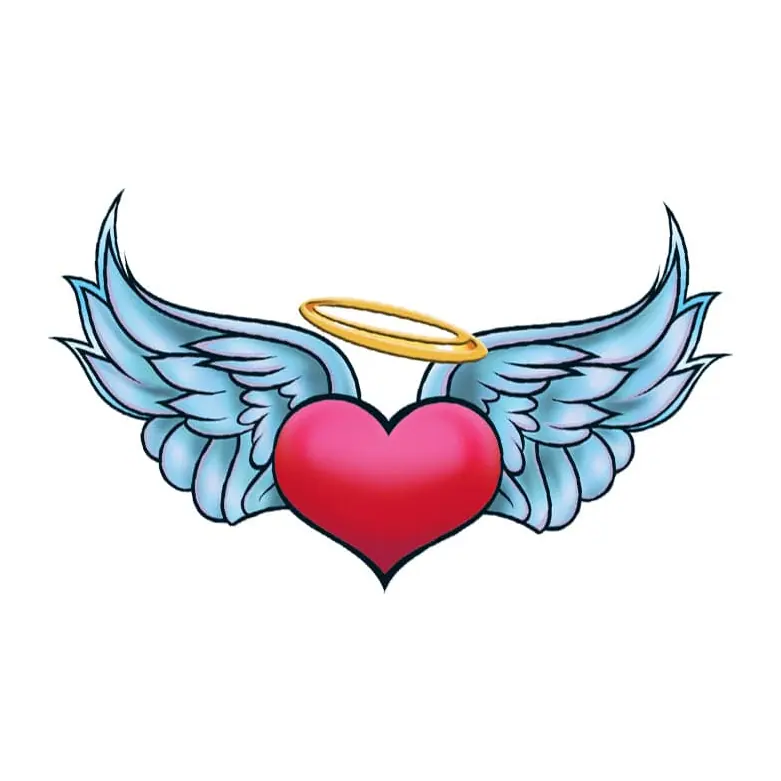 Tatuagem temporária Corações e Amor — Coração com asas e auréola. Inclui coração, asas