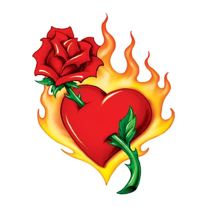 Tatuagem temporária Corações e Amor — Coração em chamas com rosa. Inclui coração, chamas, rosa