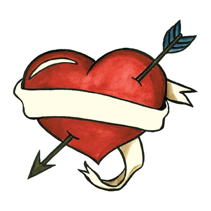 Tatuagem temporária Corações e Amor — Coração flechado com faixa. Inclui coração, flecha