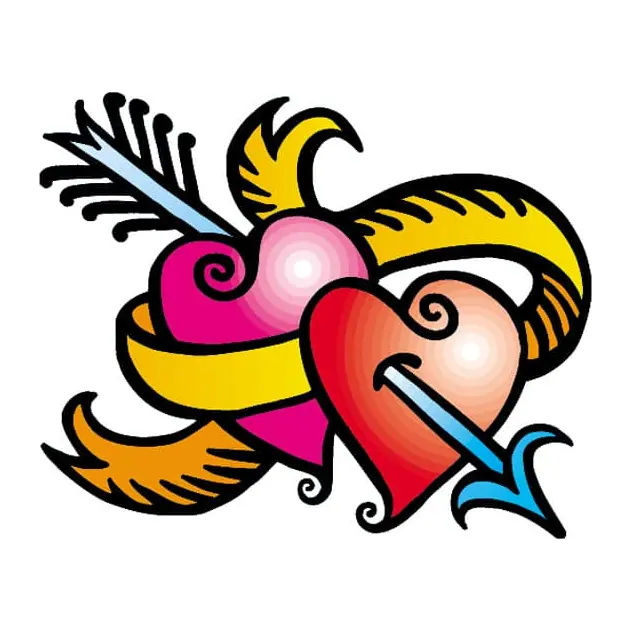 Tatuagem temporária Corações e Amor — Corações flechados com faixa. Inclui corações, flecha
