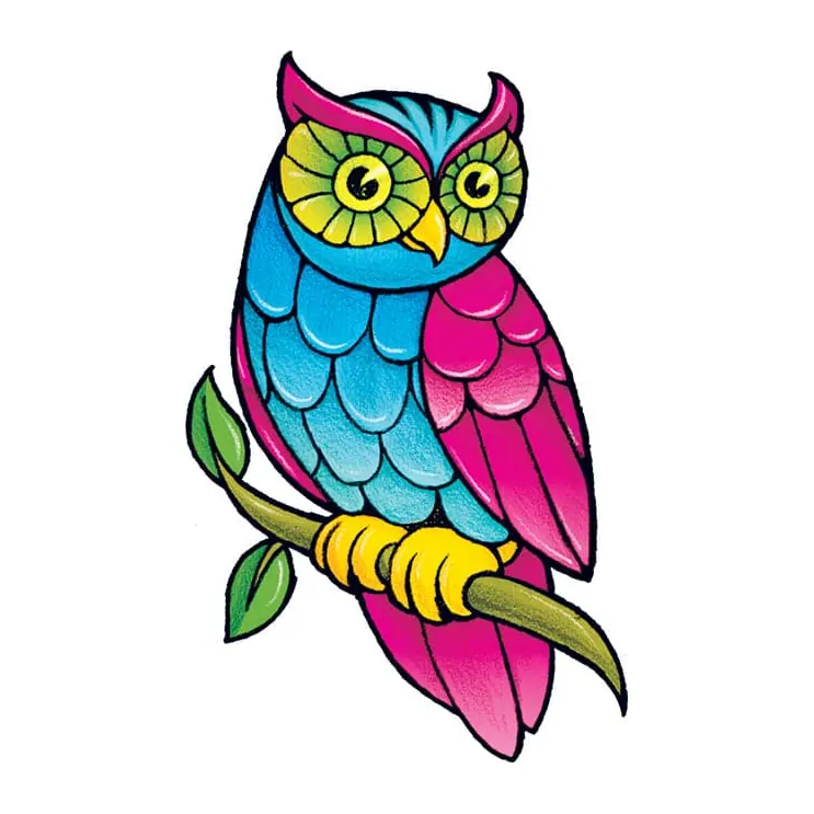 Tatuagem temporária Pássaros — Coruja colorida. Inclui coruja