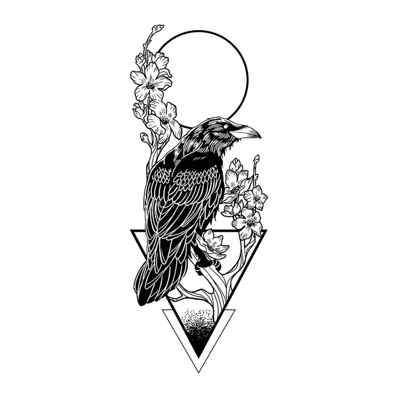 Tatuagem temporária Pássaros — Corvo com flores e lua. Inclui corvo, lua, flores, triângulo