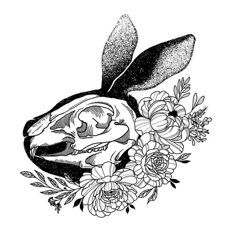 Tatuagem temporária Caveiras e Sombrio — Crânio de coelho com flores. Inclui crânio, flores
