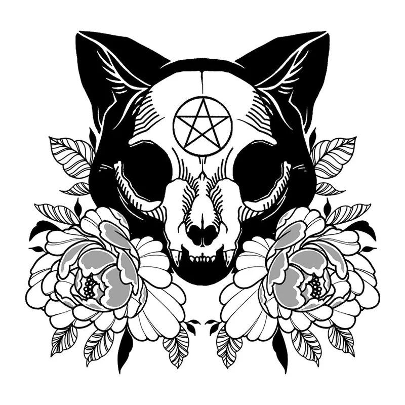 Tatuagem temporária Caveiras e Sombrio — Crânio de gato com pentagrama e rosas. Inclui crânio, rosas, pentagrama