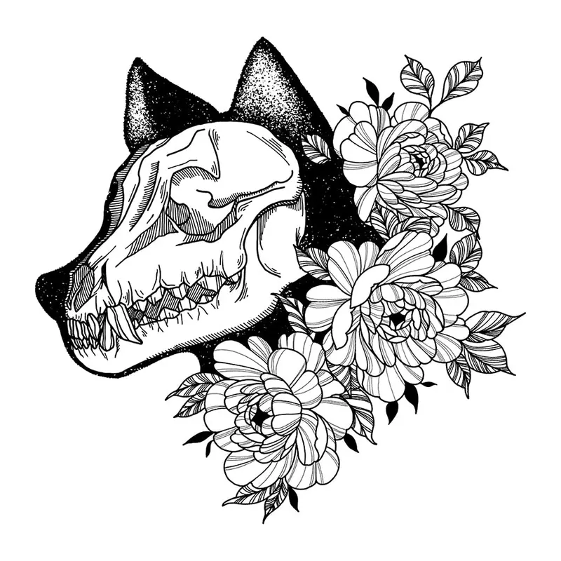 Tatuagem temporária Caveiras e Sombrio — Crânio de lobo com flores. Inclui crânio, flores
