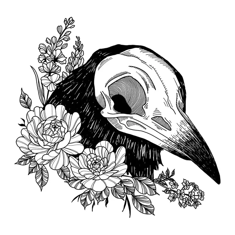 Tatuagem temporária Caveiras e Sombrio — Crânio de pássaro com flores. Inclui crânio, flores
