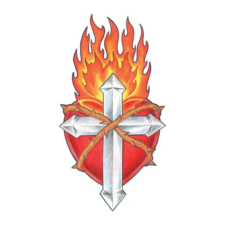 Tatuagem temporária Espiritual e Religioso — Cruz flamejante sobre coração. Inclui cruz, coração, chamas