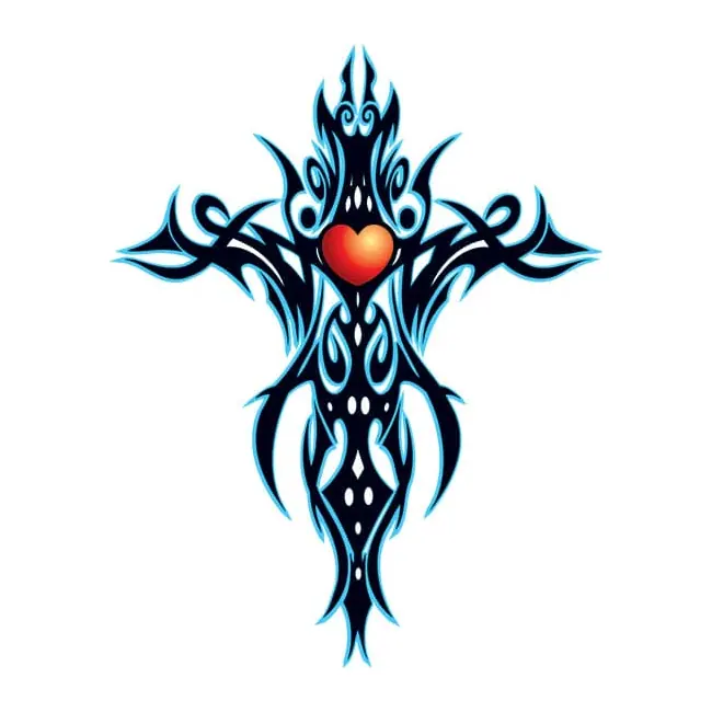 Tatuagem temporária Tribal e Nórdico — Cruz tribal azul com coração. Inclui cruz, coração