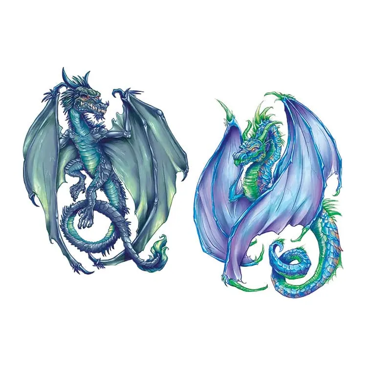 Tatuagem temporária Dragões e Fantasia — Dois dragões azul e roxo. Inclui dragões