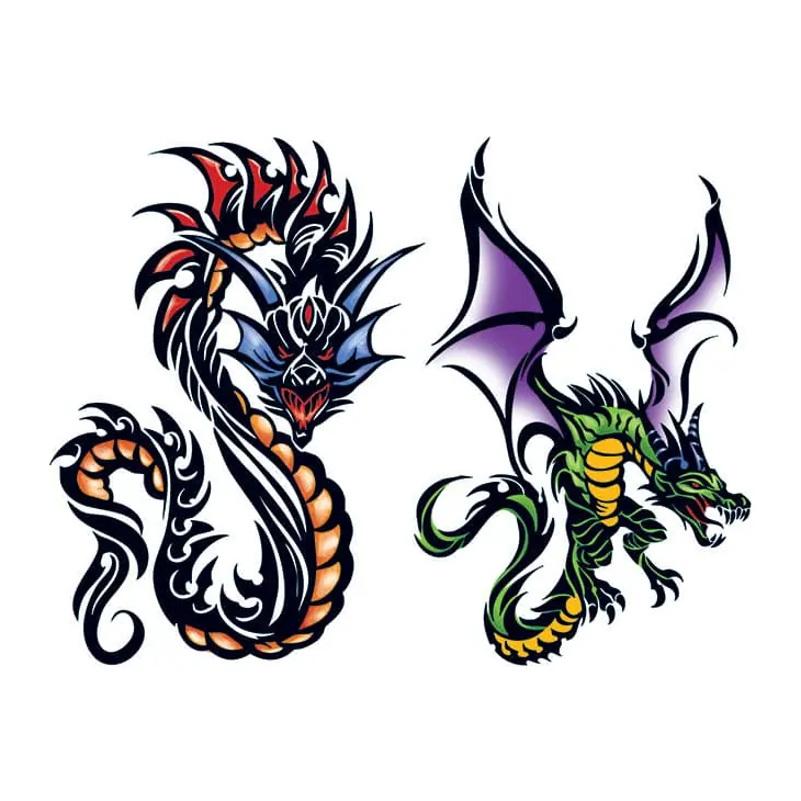 Tatuagem temporária Dragões e Fantasia — Dois dragões tribais — Modelo 1. Inclui dragões