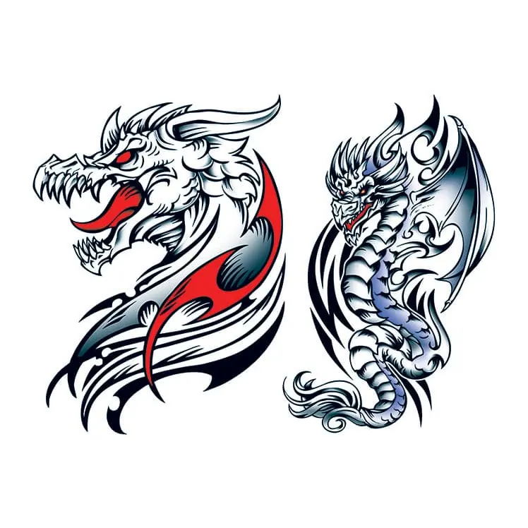 Tatuagem temporária Dragões e Fantasia — Dois dragões tribais — Modelo 2. Inclui dragões