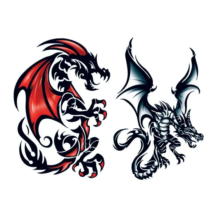 Tatuagem temporária Dragões e Fantasia — Dois dragões tribais pretos e vermelhos. Inclui dragões