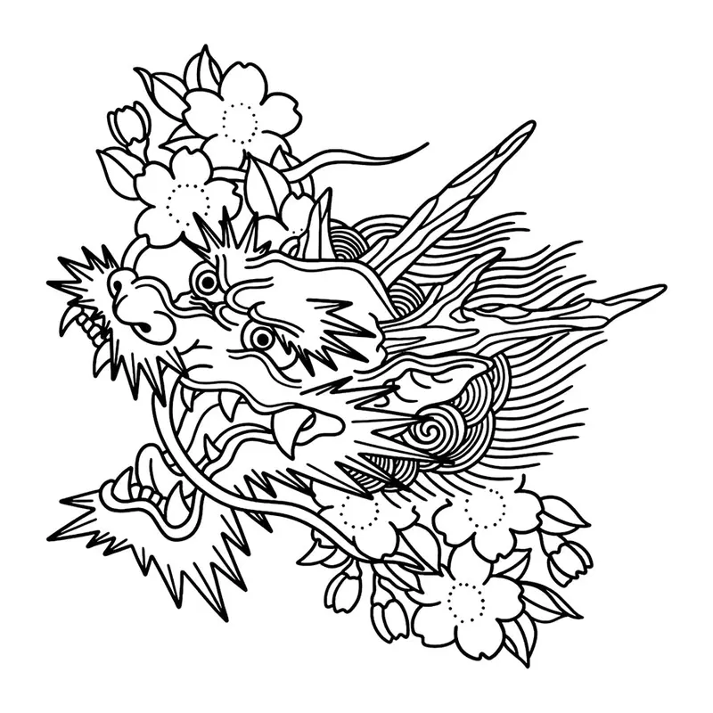 Tatuagem temporária Dragões e Fantasia — Dragão com flores de cerejeira. Inclui dragão, flores de cerejeira